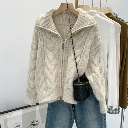 Women Autumn Winter New Lazy Style Loose Knitted Cardigan Retro Solid Color Double Zipper Turn-down Collar Sweater New Women Top