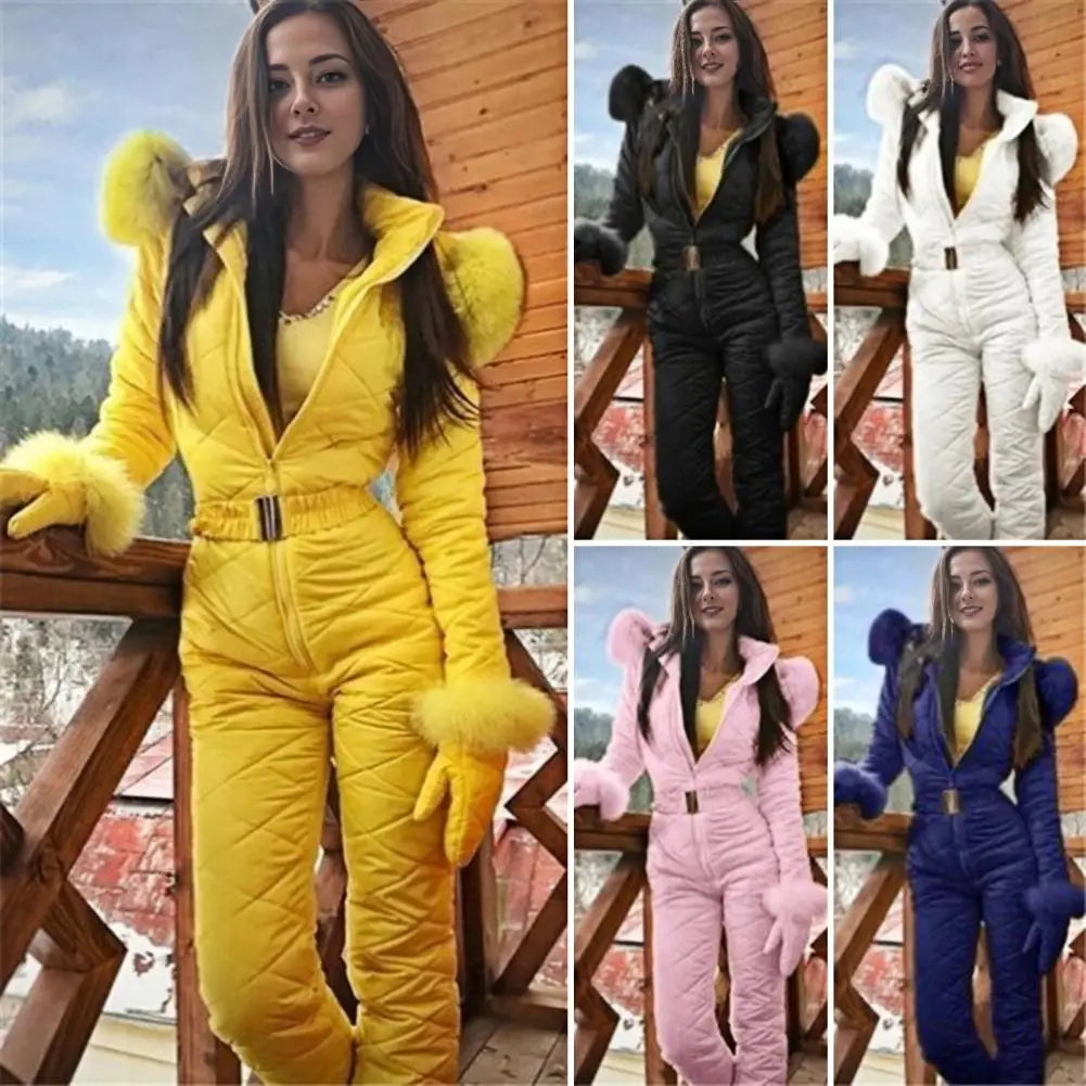 2025 Women Ski Jumpsuit Warm Snowsuit Winter Women's Snowsuit with Gloves Hood Windproof Ski Outfit with Elastic Waist Zipper fo.