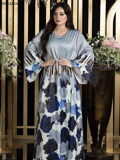 Siskakia Arab Saudi Printing Sequins Long Dresses Galabia Muslim Eid Women Abayas Islam Clothing Turkish African Kebaya 2024 New.