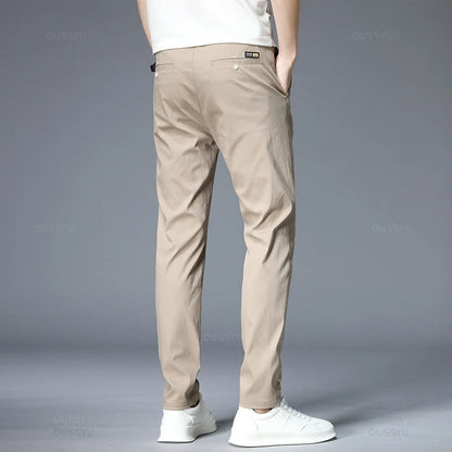 Spring Summer Casual Pants Men Thin Stretch Slim Fit Elastic Waist Business Classic Korean Trousers Male Khaki Gray 38.