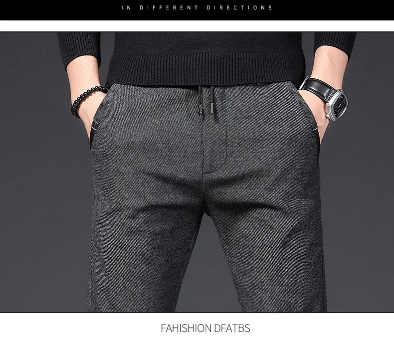 Winter Plush Trousers Men Business Fleece Pants Fashion Warm Drawstring Velvet Thick Casual Stretch Male Clothes 28-29
