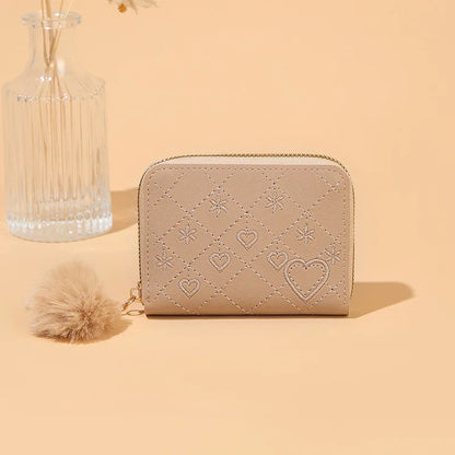 Women Fashion Zipper Wallet with Hairballs Simple Versatile Short Coin Purse Multi-Functional Multi-Card Slot Card Bag