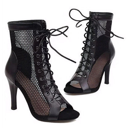 Women Mesh Sandals Breathable High Top Sandals Peep Toe Dance Shoes High Heel Summer Booties for Ballroom.