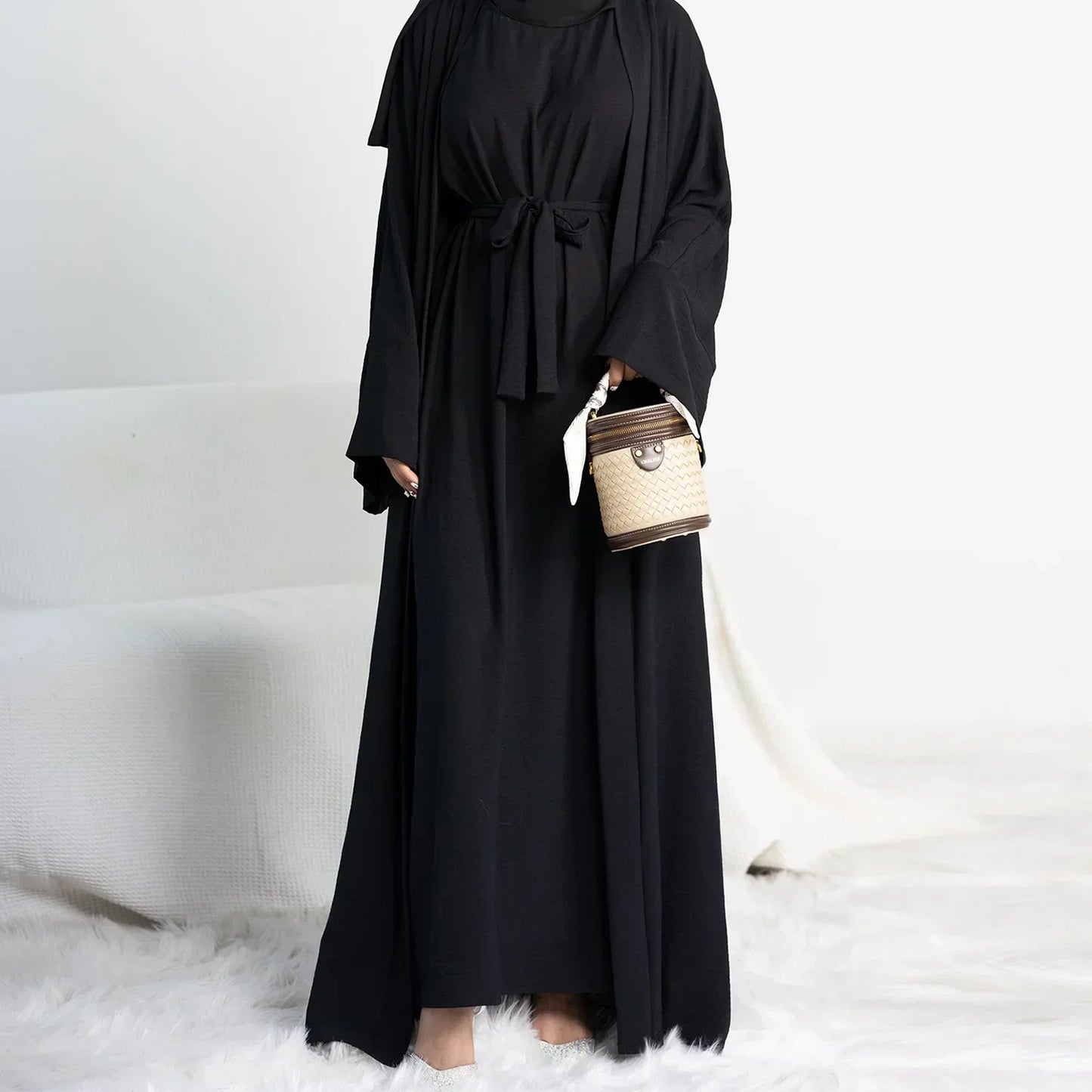 Muslim Woman Set 2 Piece Abaya Kimono with Sleeveless Inner Dress Simple Matching Outfits Dubai Turkey Casual Islamic Clothing