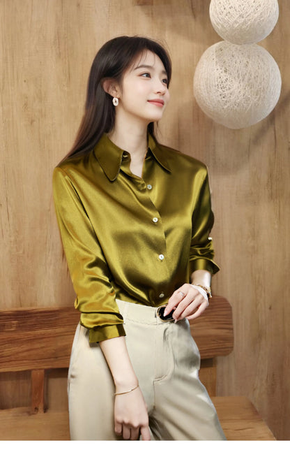 High Quality Silkly Satin Women's Shirt Office Ladies Long Sleeve Blouses Polo Neck Gold shirt Button Luxury Casual women tops.