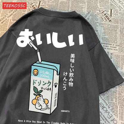 Cute Japanese Cat Print Oversized T-shirt Women Men Short Sleeve Loose Casual Tee Shirt Streetwear Tops Cotton Harajuku Clothing
