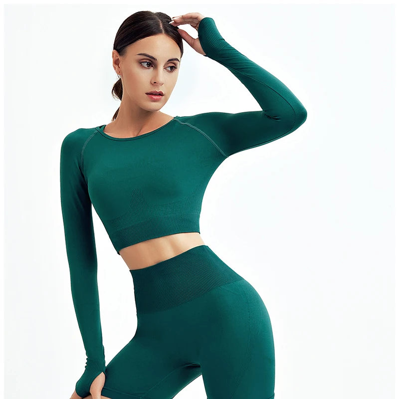 Women's Shirt Seamless Crop Top Fitness Shirts Long Sleeve Sports Top Woman Yoga Tops Activewear With Thumb Hole Sportswear.