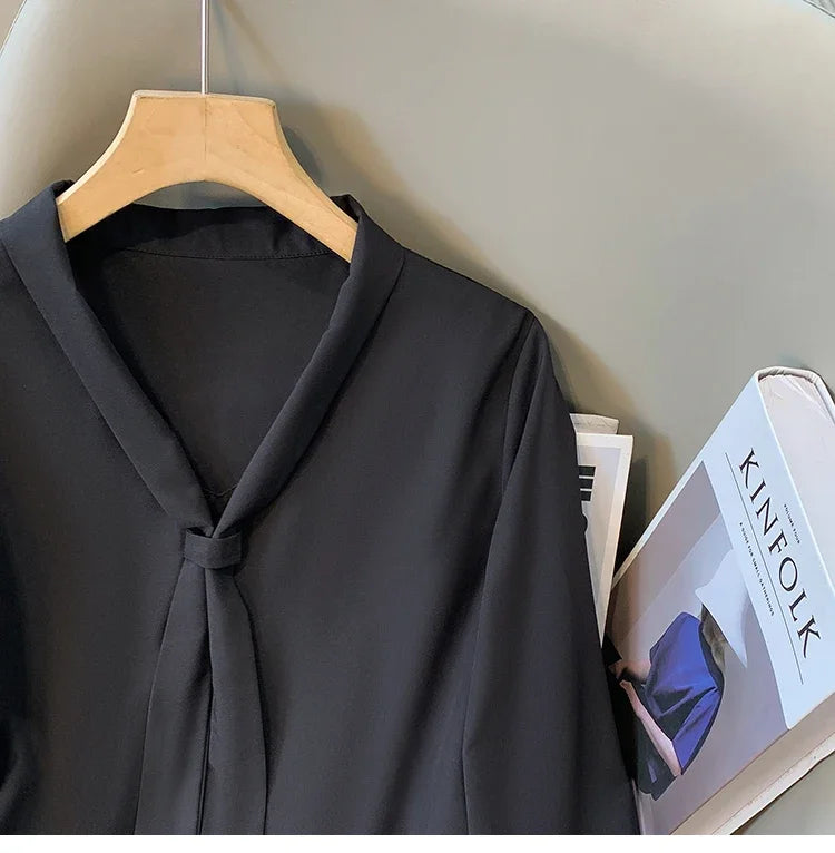 Loose Long Sleeve V-Neck Work Shirt for Women Plus Size Women's Blouses Fashion Versatile Autumn Bow Tops Trendy Business Shirts.