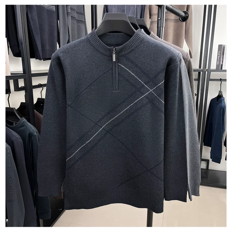 Men's New Thickened Turtleneck Knitwear Autumn Winter New Zipper Solid Color Sweater Middle Aged Warm Knit Top.