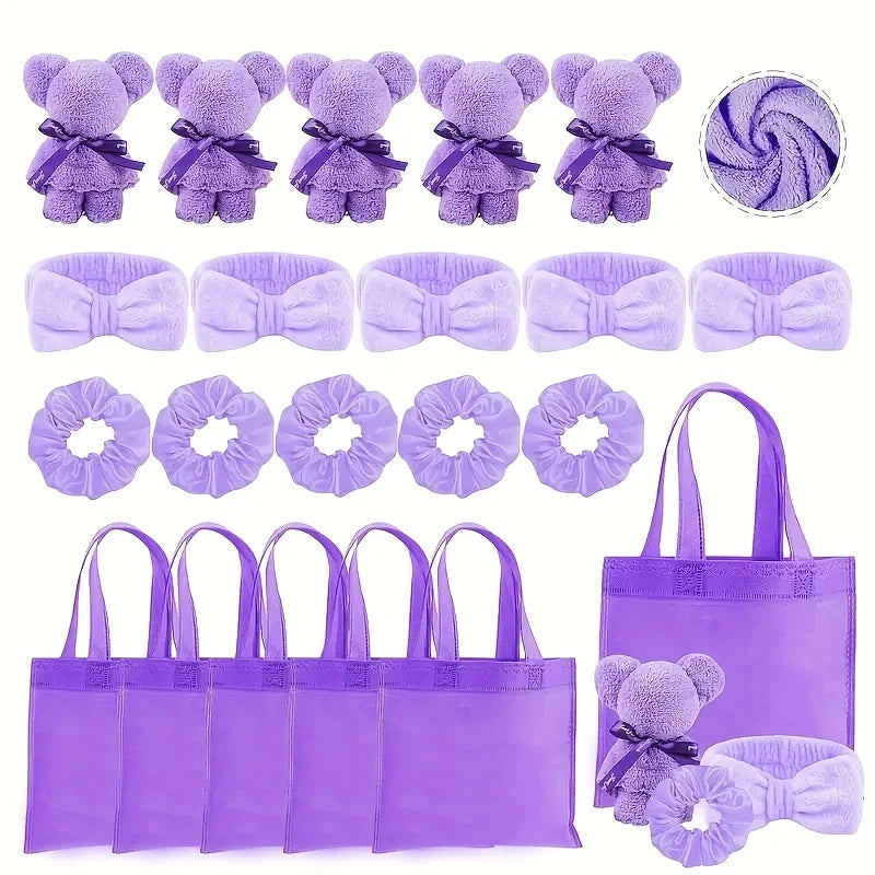 20 Spa Gift Set -5 Polyester Large Bags, 5 Headbands, 5 Hair Rings, 5 Bear Shaped Fabrics - Perfect for Bridal Showers, Singles'.