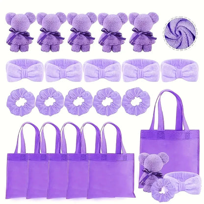 20 Spa Gift Set -5 Polyester Large Bags, 5 Headbands, 5 Hair Rings, 5 Bear Shaped Fabrics - Perfect for Bridal Showers, Singles'.