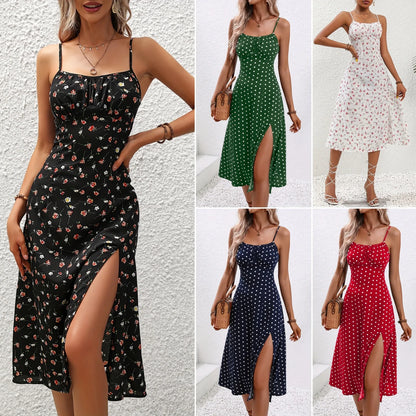 2024 sommer Sexy Spaghetti-trägern Kleid Frauen Mode Polka Dot Print Ärmelloses Schlitz Kleid Boho Casual Strand Midi Kleider.