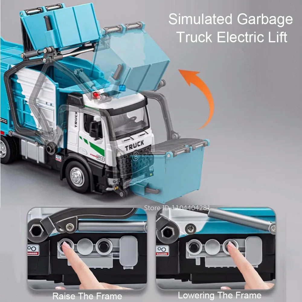 1:18 Electric Sanitation Garbage Truck Toy Cars Model Alloy Water Tanker Diecast Light Sound Vehicle Children's Educational Toys.
