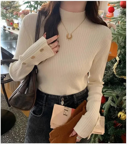 2025, weibliche Casual Tops Pullover Frauen Herbst Winter Gestrickte Dünne Pullover Feste Taste Volle Hülse Halb Hohen Kragen Pullover.