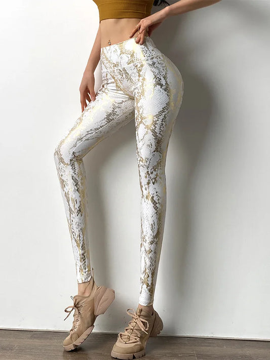 Snake Printed Yoga Pants Gilded Stretch Buttocks Sexy Casual Skinny Pants  For Women High Waist Elastic Fitness Sporty Leggings.