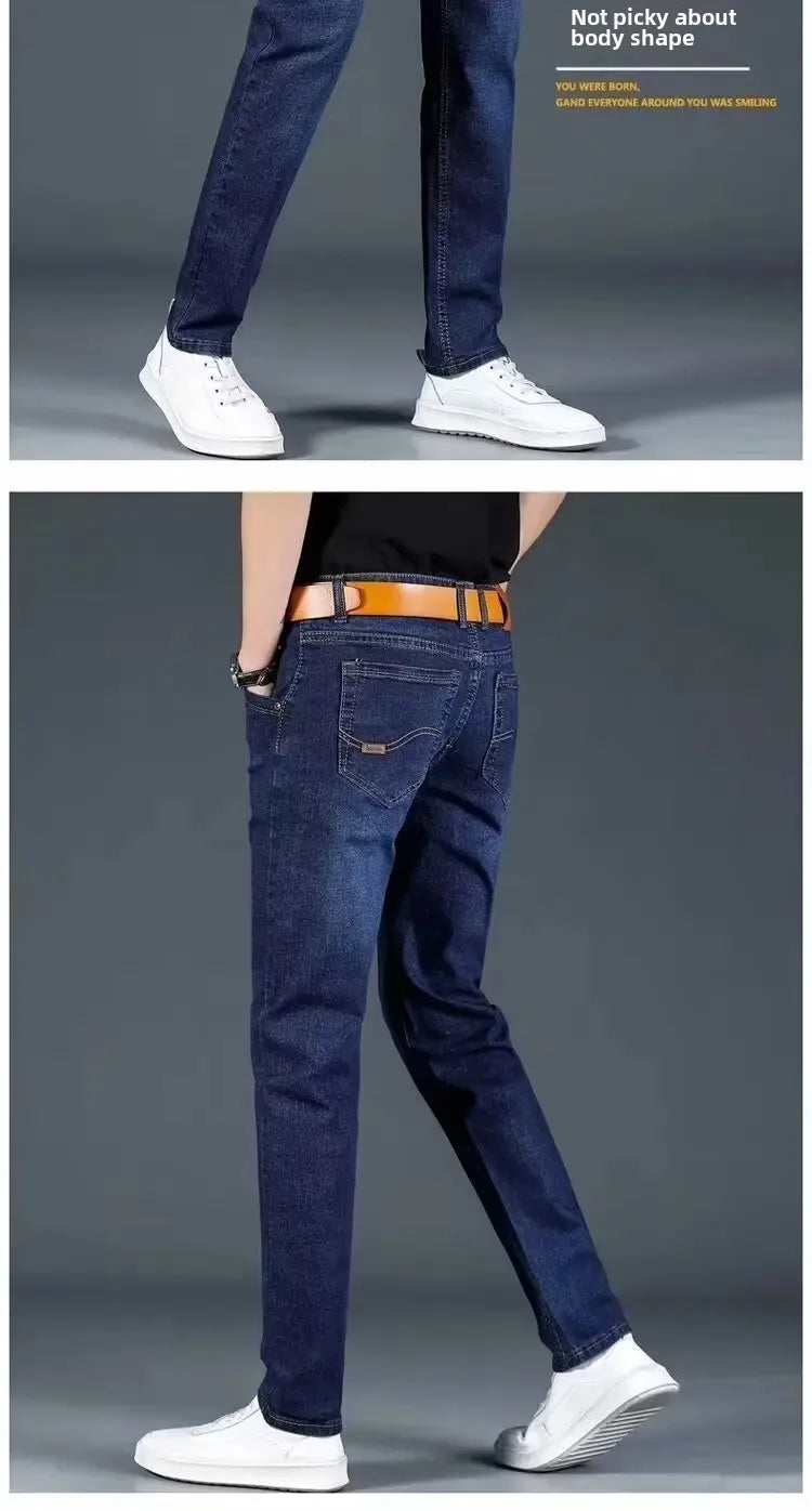 Summer Men's Stretch Jeans Straight-Leg Loose-Fit Business Casual Versatile Long Pants Lightweight Wear-Resistant.