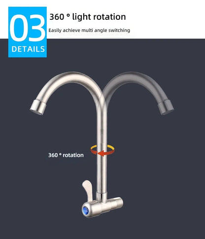 Kitchen Stainless Steel Faucet Wall Mounted Rotate Single Cold Water Sink Tap Household Kitchen Universal Faucet