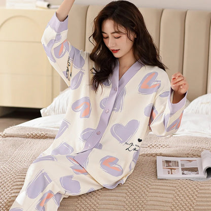 Herbst Winter Pyjamas Set für Frauen Kawaii Druck Nachtwäsche Anzug für Mädchen Mode Restlong Ärmel V-Ausschnitt Frau Pyjamas Set