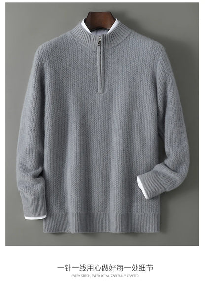 Men's 100% Merino Wool Thicken Sweater Half Zipper Mock Collar Pullover Autumn Winter Cashmere Knitwear Business Casual Clothing