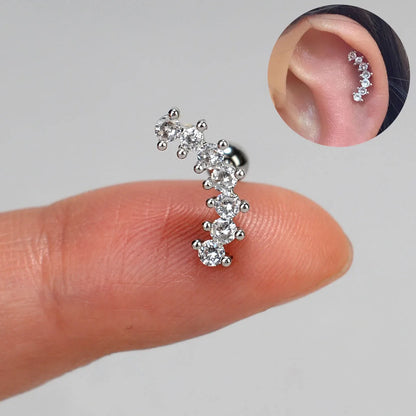 1PC New Curved Cz Cartilage Stud Moon Leaf  Helix Rook Conch Screw Back Earring Stainless Steel Bar Ear Piercing Jewelry.