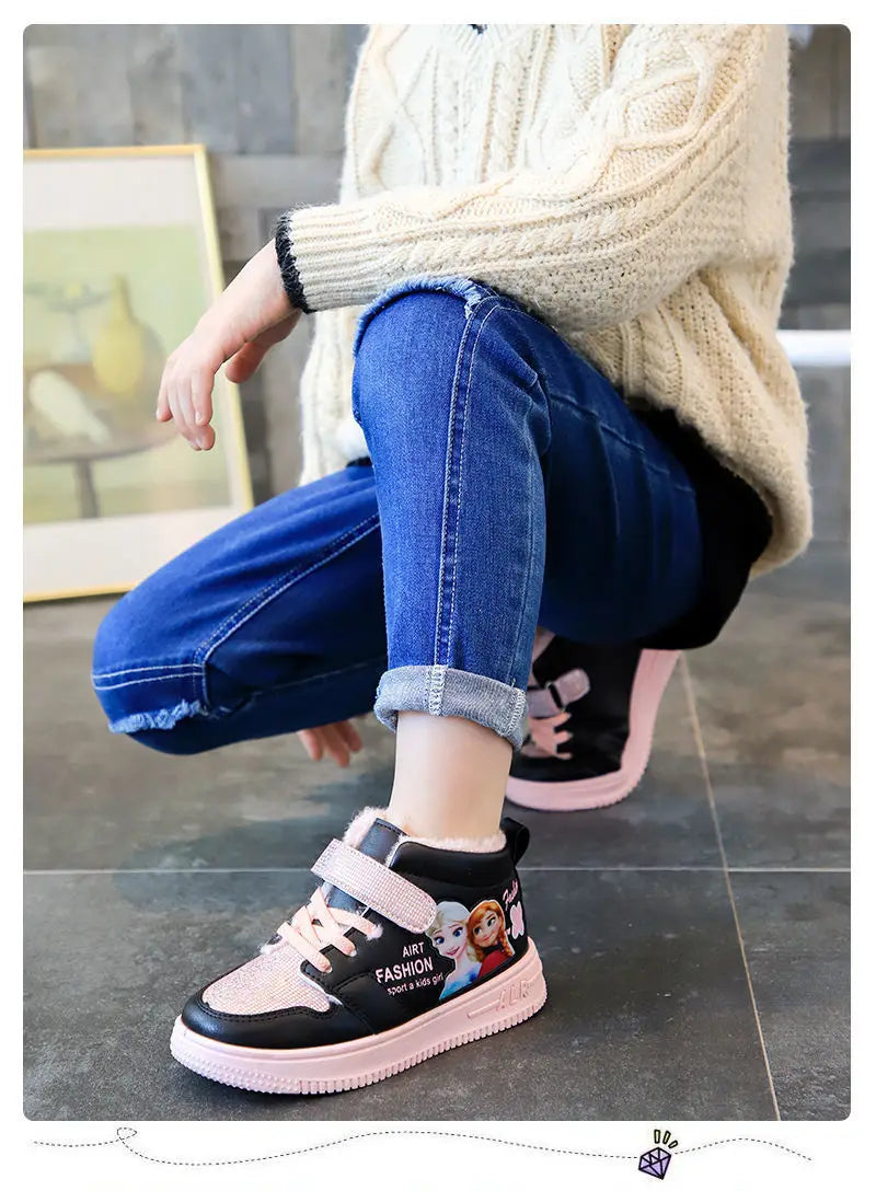 Disney Children Winter Ankle Snow Boots Cartoon Princess Elsa Frozen Pink Casual Shoes For Girls Warm Outdoor Shoes Size 26-37.