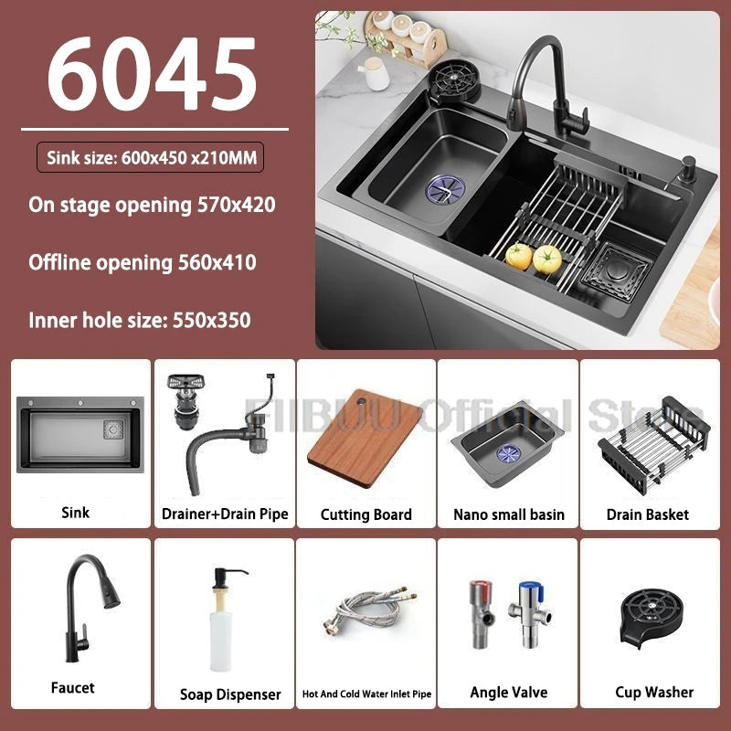 Küchenspüle, verdickter Edelstahl 304, doppelspurig, abgestuft, multifunktional, großer Einzelschlitz, Wasch-/Schnitt-/Abfluss in einem kompletten Satz