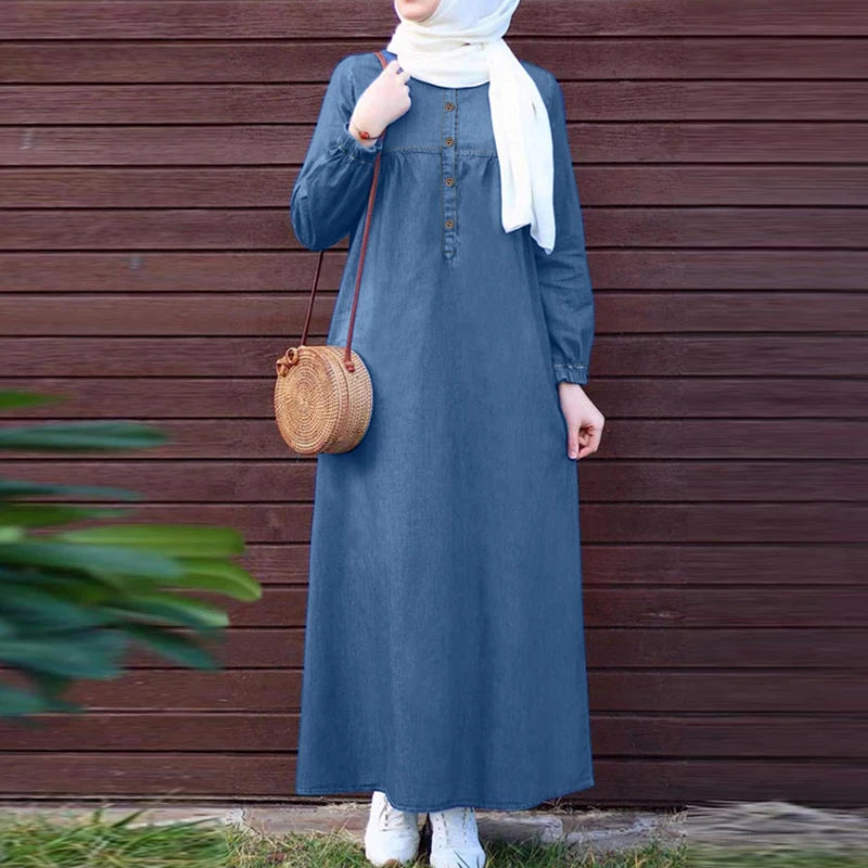 ZANZEA Women Vintage Muslim Abaya Dress 2024 Autumn Sundress Casual Long Sleeve Solid Maxi Long Vestidos Kaftan Islamic Clothing.