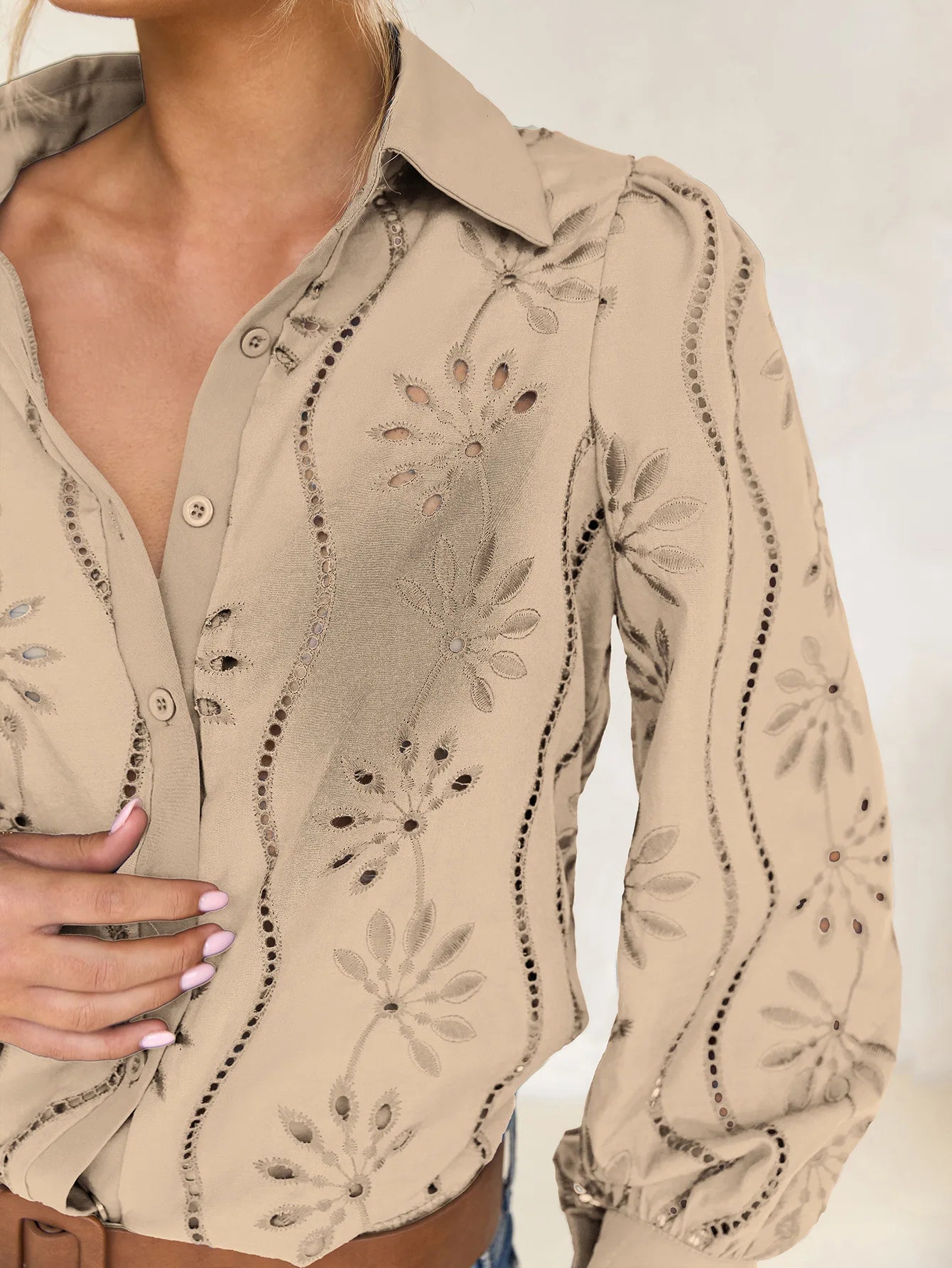 2025 Autumn New Solid Shirt Casual Loose Fashion Hollow Puff Sleeve Cardigan Tops For Women Office Black Hollow out Blouses.