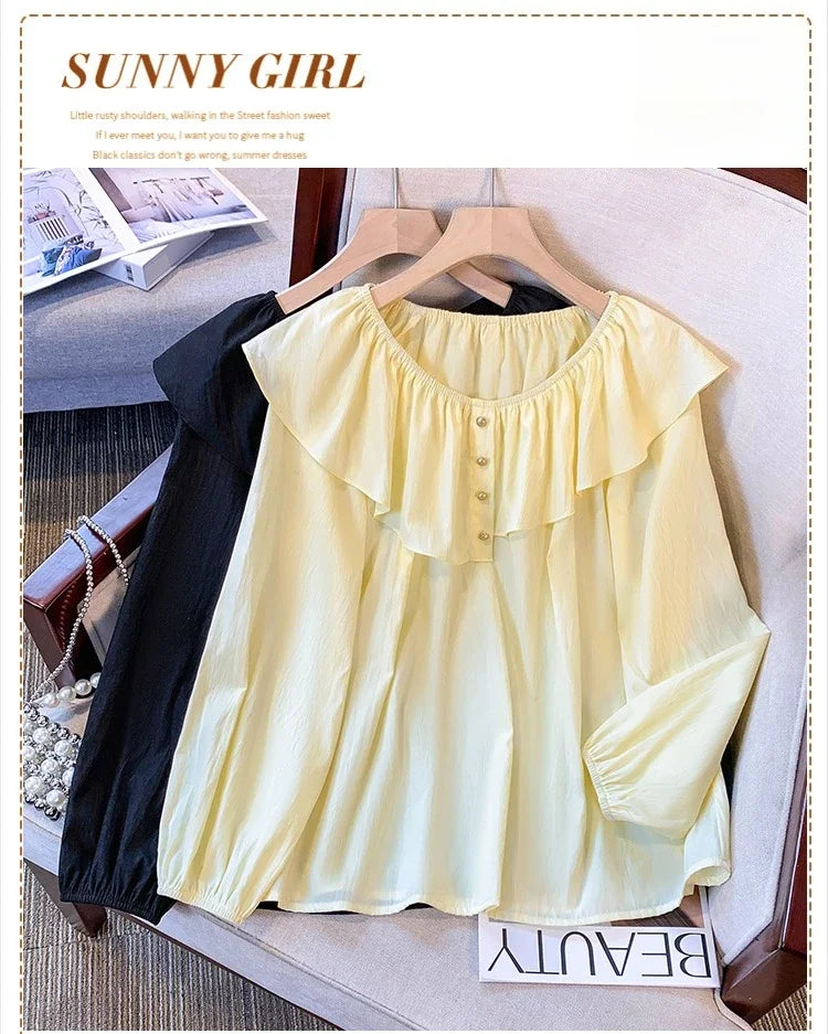 2025 French Large Size Long Sleeve O-neck Solid Color Loose Ruffle Shirt Ladies Spring Autumn Plus Size Blouses for Women.