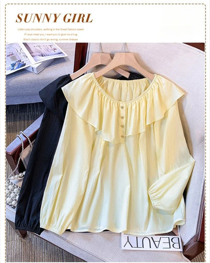 2025 French Large Size Long Sleeve O-neck Solid Color Loose Ruffle Shirt Ladies Spring Autumn Plus Size Blouses for Women.