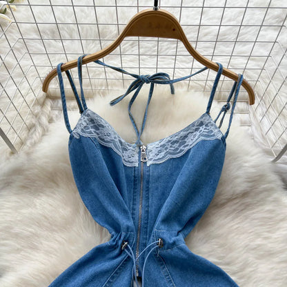 Denim Two Piece Sets Women Jeans Suit Lace Y2k Top Wide Leg Pants Zipper Lace Up Patchwork Trousers Outfits Ensemble Summer 2025.