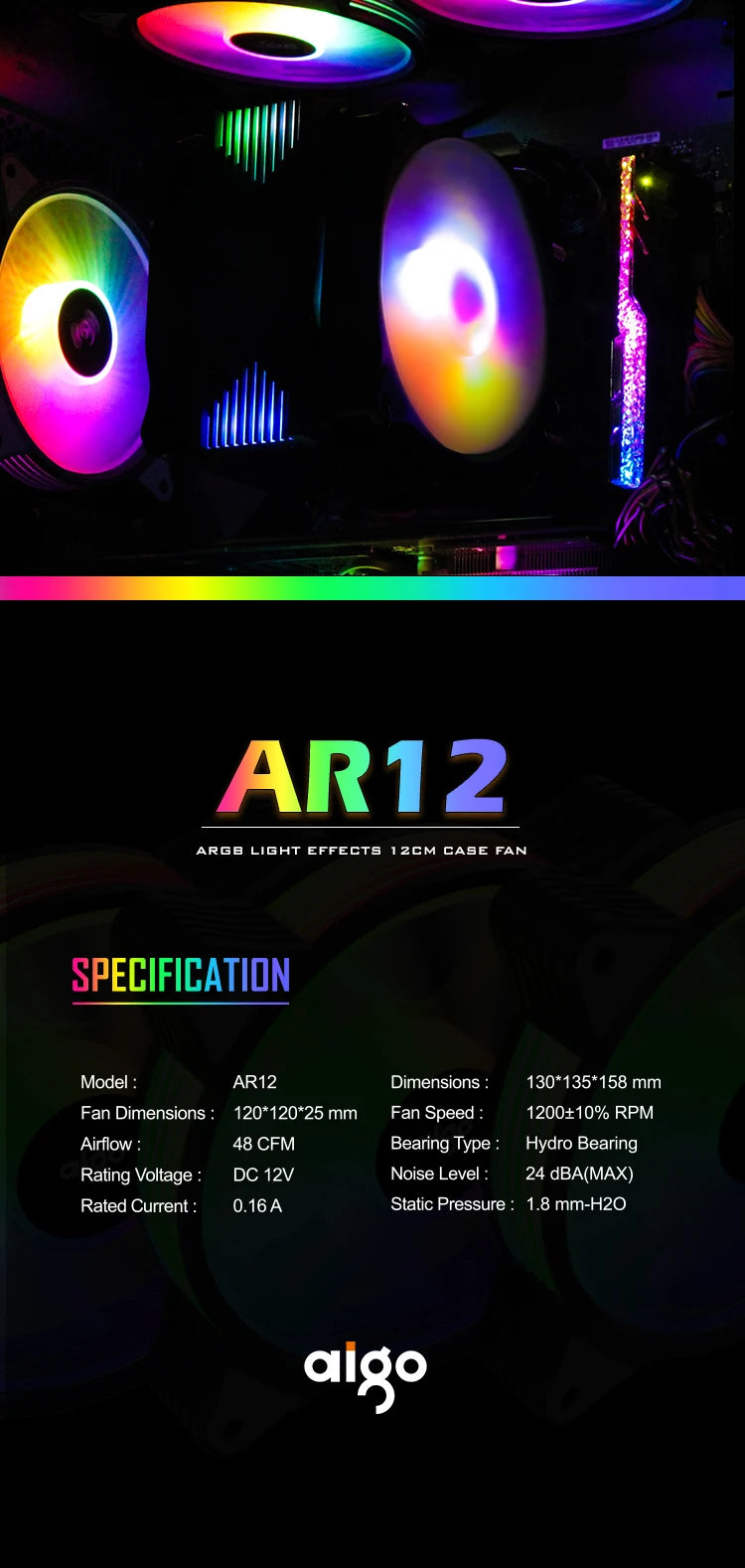 Aigo AR12 120mm PC Gamer Computer Case Fan RGB 12v Heatsink Aura Sync Cooler Argb Silent Controller Kit Fan Cooling Ventilador.