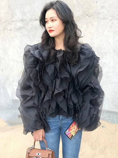 TWOTWINSTYLE Elegant Patchwork Ruffles Chiffon Blouses Women O Neck Lantern Long Sleeve Loose Shirt Female Clothing Fashion.