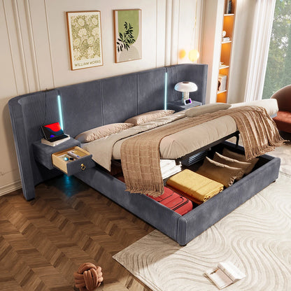 KOMHTOM Polsterbett 180x200cm, Samt mit, LED-Leiste, hydraulischem Stauraum, 2 Schubladen und USB+TYPE-C Anschluss