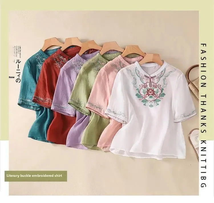 Retro Chinesischen Stil Lose Fit Baumwolle Leinen Kurzarm Shirt frauen Sommer Schwere Stickerei Abnehmen Top Flagge Kleid.