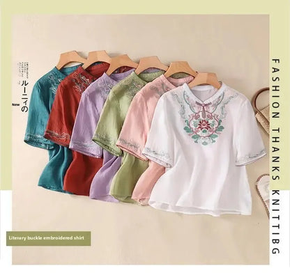 Retro Chinesischen Stil Lose Fit Baumwolle Leinen Kurzarm Shirt frauen Sommer Schwere Stickerei Abnehmen Top Flagge Kleid.