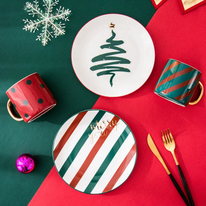1pc Merry Christmas Ceramic Dinner Dish Plate Set Mug Dessert Cake Pastry Fruit Serving Plate Decorative Tableware.