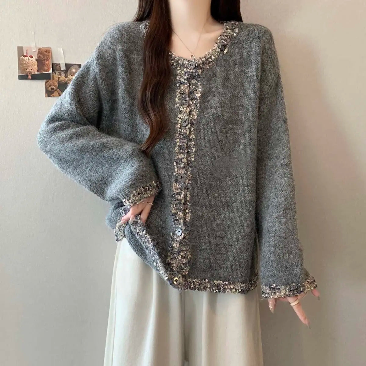 Pailletten-Strickjacke für Damen, Herbst und Winter, lockeres Schlankheitsoberteil