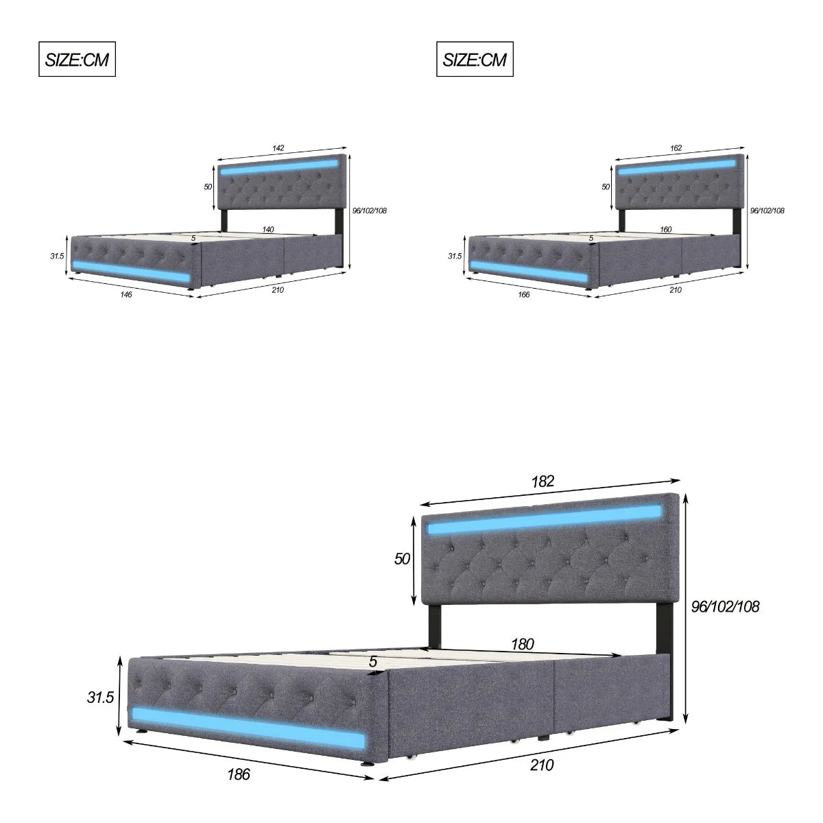 Lazyspace gepolstertes Doppelbett 140/160/180 x 200 cm, mit LED-Licht und 4 Schubladen, Metallrahmen und Holzlatten, Leinen