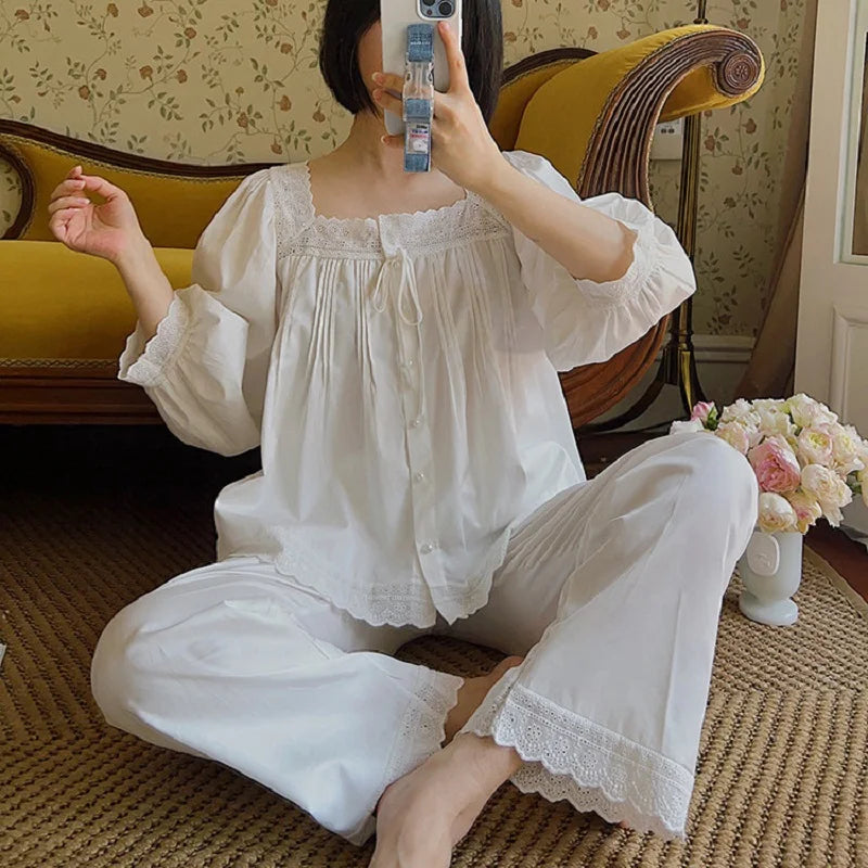 Sweet Spring Autumn Pure Cotton Women's Long Sleeve Pajama Set Loose Female Sleepwear Suits Royal Pyjama Home Wear Plus Size