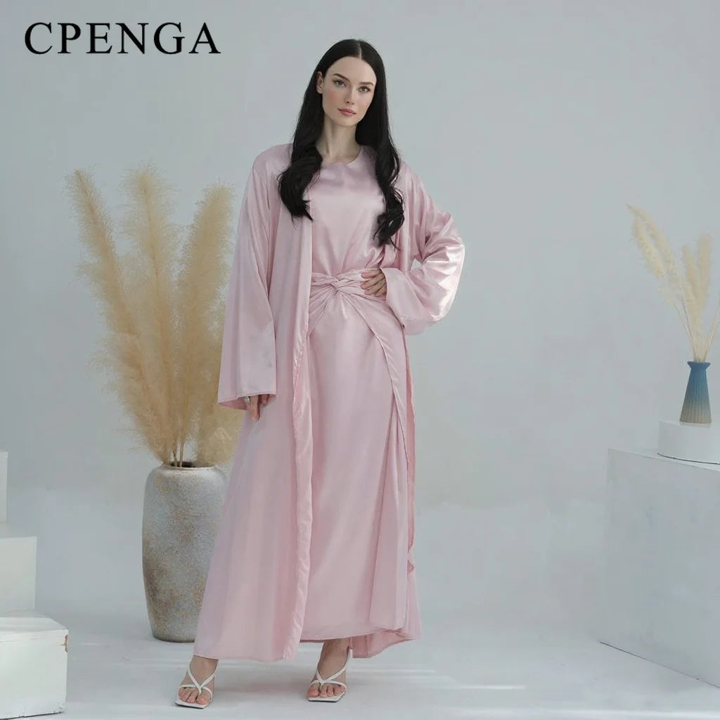 Middle Eastern 3-Piece Islamic Clothing Set for Women Ramadan Dubai Modest Abaya Muslim Hijab Dress 2025 Plain Turkey Kaftan.