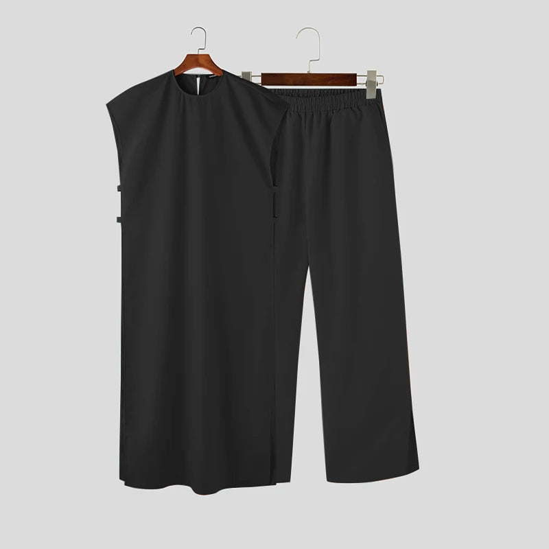 INCERUN Men Sets Muslim Clothing Saudi Arabia Solid O-neck Sleeveless Kaftan Jubba Thobe & Pants 2PCS 2024 Islamic Men's Suits.