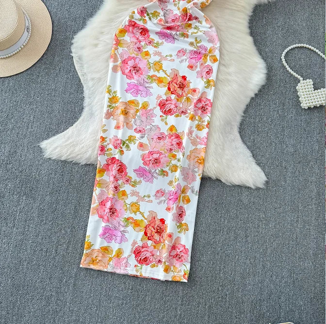 Damenbekleidung, Sommermode, neue Mode, bedruckt, schlank, sexy, rückenfrei, Sling-Kleid.