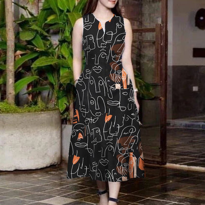 ZANZEA Elegante Damen-Midikleider, Sommer, ärmellos, Party-Sommerkleid, stilvoll, V-Ausschnitt, Urlaub, Arbeit, Vestidos, bedruckt, A-Linien-Kleid
