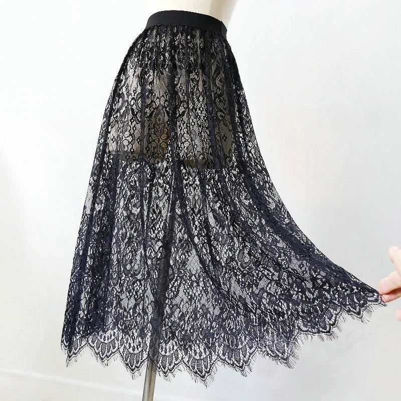 2 Length Elegant Black Skirt White Lace Transparent Long Tulle Skirt Ladies Elastic High Waist Beach Midi Skirt Drop shipping.