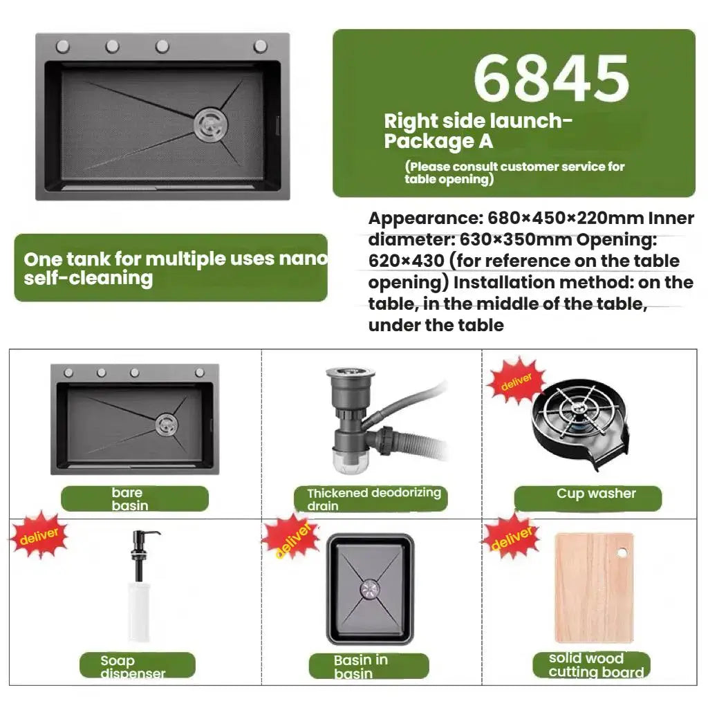 Stainless Steel Kitchen Sink Household Rice Grain Pattern Large Single Slot Wear Resistant Wash Dish Bowl Countertop Basin