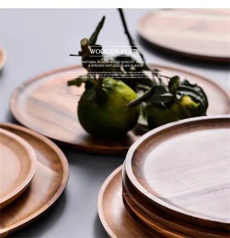 15/20/25cm Wooden Round Serving Platter Tray Retro Wood Pizza Salad Plate Fruit Dessert Tray Bread Cake Container Snacks Dish.