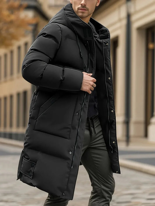 Men'S Heavyweight Winter Coat Windproof Cold Weather Jacket with Full-Length Zipper, Hooded Long Formality, Large Front Pockets.