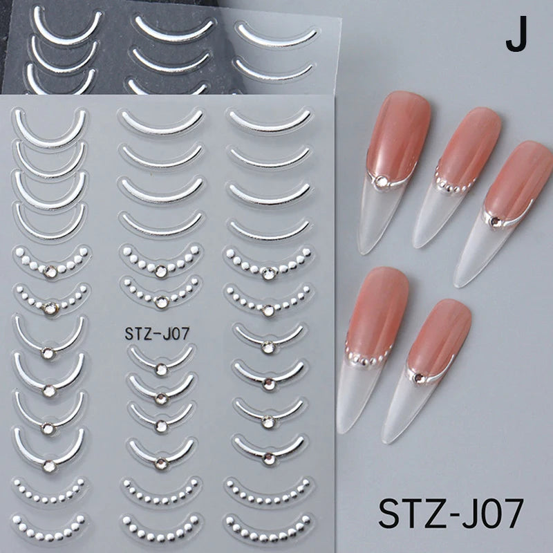 French Tips Nail Sticker 5D Embossed Crystal French Nail Decals Gold Silver Black Line Design Adhesive Slider Nails Art