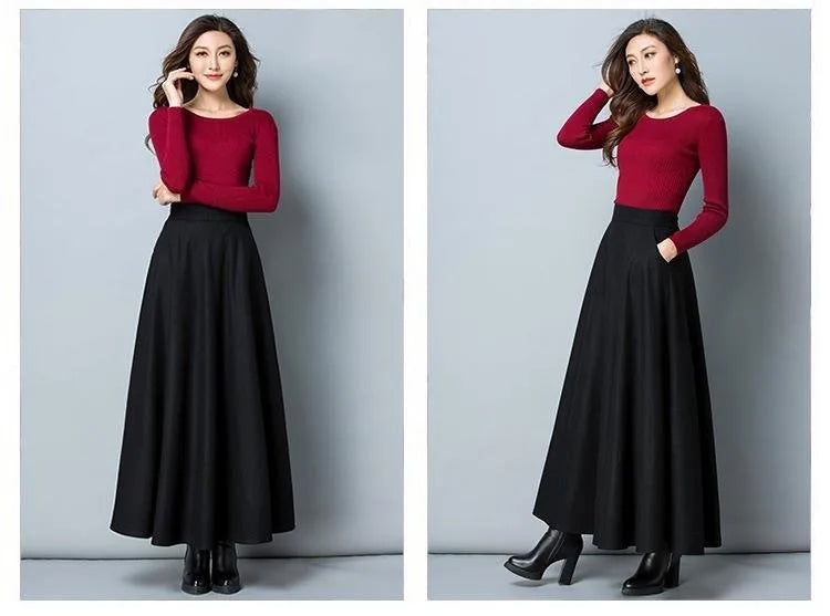 Autumn Winter Black Gray Large Size Woolen Long Skirt Women Fashion Korean Ladies Red High Waist Festival Pleated A-line Skirts.